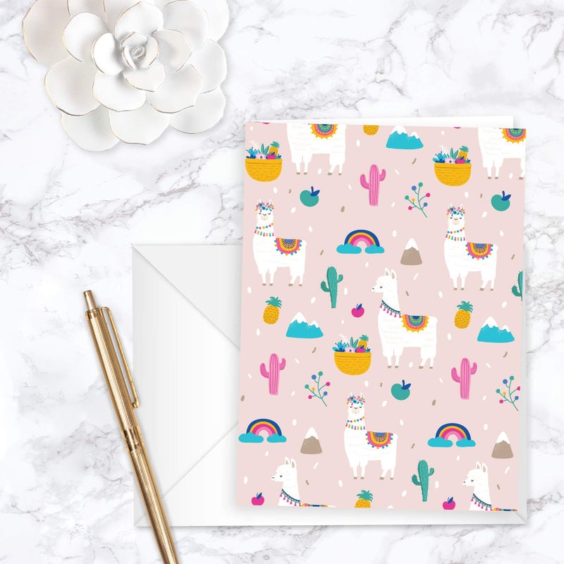 Canopy Street Llama Note Cards / 24 Adorable Animal All Occasion Greeting Cards With White Envelopes / 3 1/2" x 4 7/8" Desert Birthday Party Cards / Alpaca Thank You Note Card Set / 6 Cinco De Mayo Fiesta Designs - Image 5